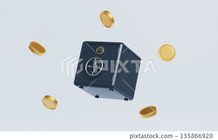 Secure Safe Box with Gold Coins. 3D Rendering. Secure Safe Box with Gold Coins. 3D Rendering. 135866920