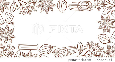 Spice and herb frame with cinnamon stick, star anise and leaves. Line art style border for packaging, menu design, recipe cards and natural background. 135866951
