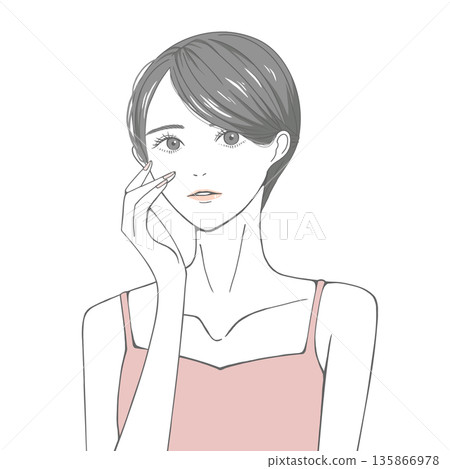 A woman with her hand on her right cheek (black hair) A woman with her hand on her right cheek (black hair) 135866978