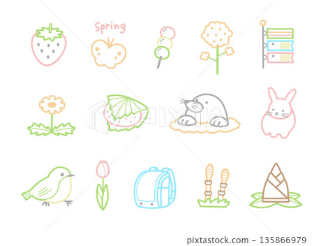 Pastel colored line drawing icon set of spring plants and animals Pastel colored line drawing icon set of spring plants and animals 135866979