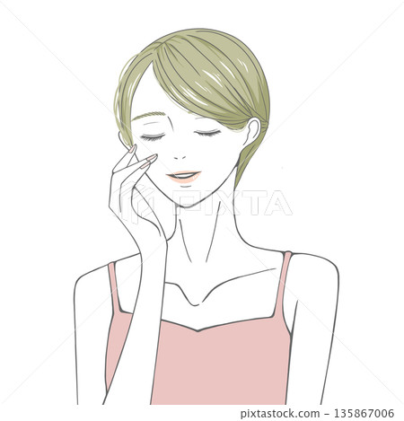 A blonde woman with her eyes closed and her hand on her right cheek A blonde woman with her eyes closed and her hand on her right cheek 135867006