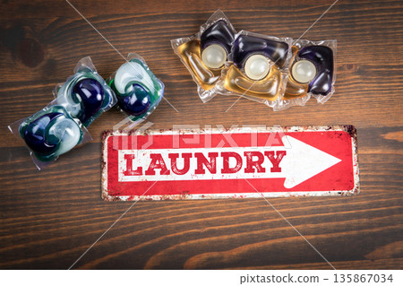 LAUNDRY Detergent Capsules Direction Sign For Household Washing Concept 135867034