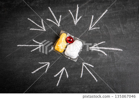 Dish Cleaning Tablet Highlighted By Directional Arrows On Blackboard Dish Cleaning Tablet Highlighted By Directional Arrows On Blackboard 135867046