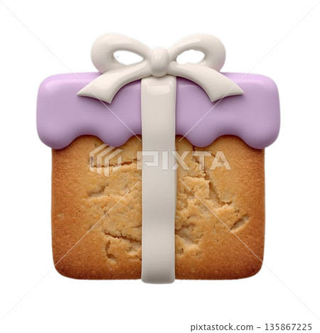 禮物形狀的糖霜餅乾 | 逼真的甜點插圖，扁平薰衣草色 ✖️ 白色背景，透明 135867225