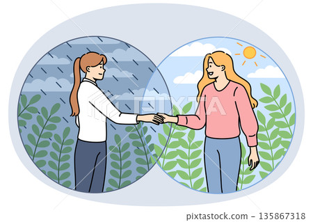 Woman helps friend get rid of depression, standing in rain and inviting to sunny place Woman helps friend get rid of depression, standing in rain and inviting to sunny place 135867318