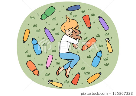 Environmental disaster and plastic waste causes stress in teenage girl lying among bottles on lawn 135867328