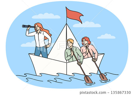Woman crisis manager leads team during storm, standing on paper ship and holding shameful trumpet 135867330