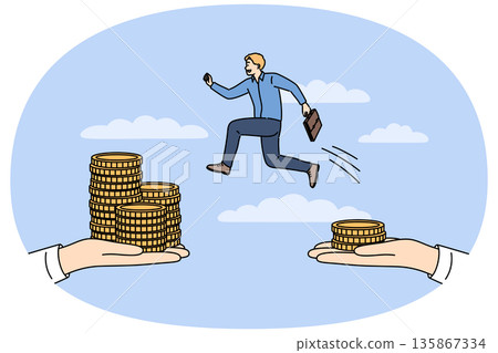 Business challenge for man who wants to earn more and jumps between hands with money 135867334