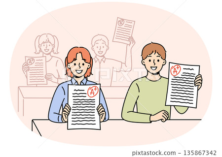 Smart schoolchildren demonstrate excellent exam test results, sitting at desks in classroom. 135867342