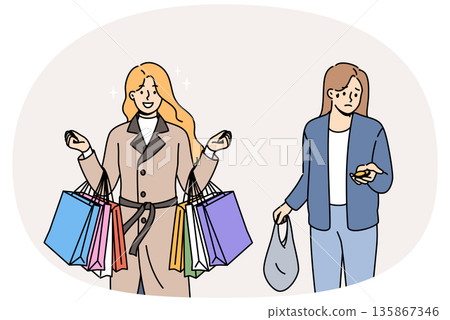 Problem of social inequality between rich woman with bags from supermarket and poor girl with coins Problem of social inequality between rich woman with bags from supermarket and poor girl with coins 135867346