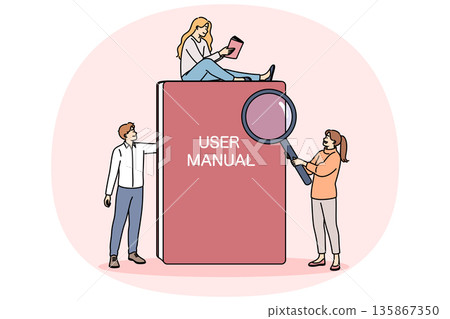 Book with user instructions next to miniature people reading tips and rules for using product Book with user instructions next to miniature people reading tips and rules for using product 135867350