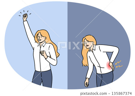 Woman with sore lower back bends over in pain, feeling sciatica, begins to rejoice after healing Woman with sore lower back bends over in pain, feeling sciatica, begins to rejoice after healing 135867374