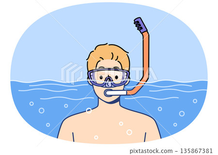 Man swims in pool with goggles and snorkel for breathing underwater during summer holiday at resort Man swims in pool with goggles and snorkel for breathing underwater during summer holiday at resort 135867381