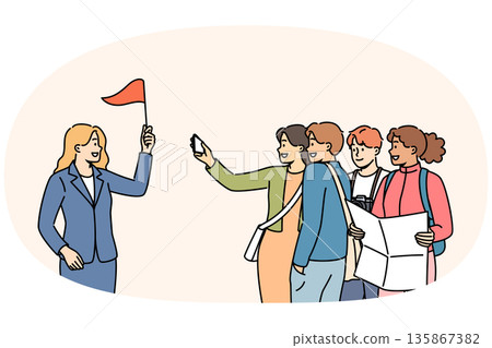 Crowd of tourists follows guide with red flag, telling about sights of city and historical events 135867382