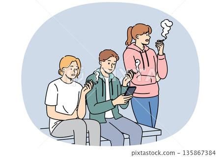 Tobacco addiction in people sitting on street and smoking cigarettes during break from work 135867384