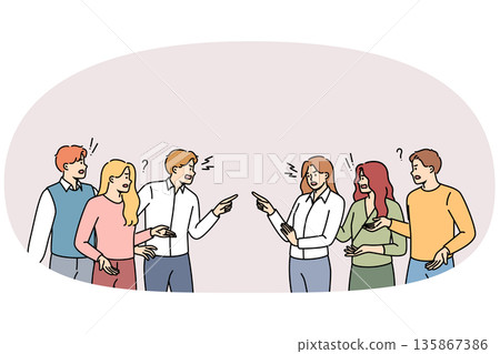 Sorra two teams of business people working in different departments of corporation Sorra two teams of business people working in different departments of corporation 135867386
