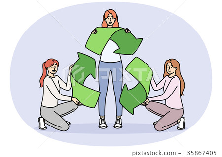 Sign of recycling in hands of women eco-activists calling take care of sustainable development 135867405
