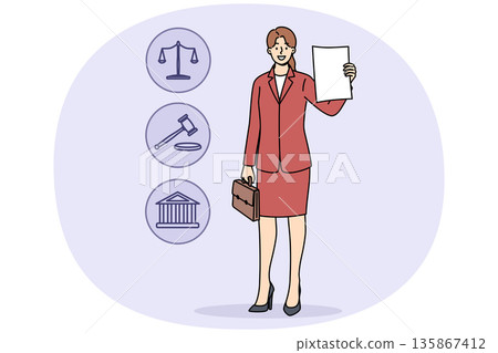 Woman lawyer demonstrates court decision on absence of claims, standing near legal symbols Woman lawyer demonstrates court decision on absence of claims, standing near legal symbols 135867412