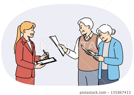 Girl conducts survey of older people, issuing questionnaires to study quality life after retirement Girl conducts survey of older people, issuing questionnaires to study quality life after retirement 135867413