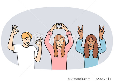 Multiethnic people students smiling showing approval gestures and raising hands up 135867414