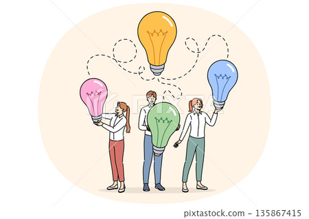 Business team successfully exchanges ideas at meeting, choosing best innovations to implement 135867415
