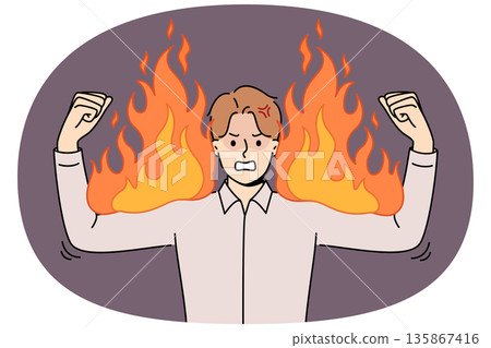 Angry business man experiencing anger, showing burning biceps symbolizing strength and power 135867416