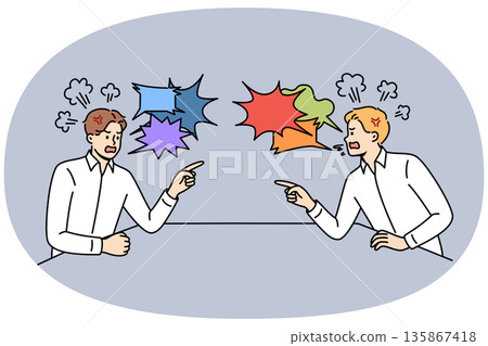 Quarrel two business men sitting at table and uttering accusations and insults against competitor 135867418