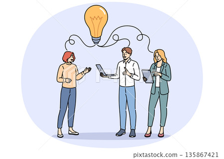 Exchange of ideas and brainstorming among business people developing plan, standing under light bulb 135867421