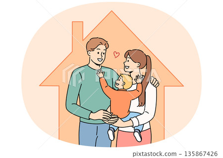 Family with baby is standing inside house after purchasing own home with mortgage 135867426