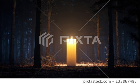 Glowing Candle In A Dark Forest Creates A Surreal Night Scene Of Warm Light 135867485