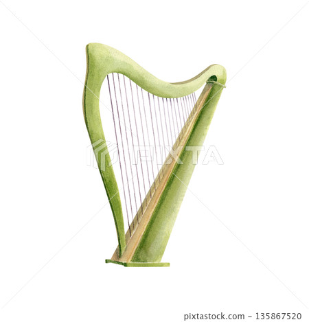 Green wooden harp,iconic national symbol of Ireland and Saint Patricks Day.Illustration in rich watercolor with detailed Celtic charm for Irish heritage designs,holiday themes,cultural celebrations 135867520