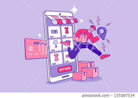 Fast delivery man running out of smartphone with parcels. Fast delivery man running out of smartphone with parcels. 135867534