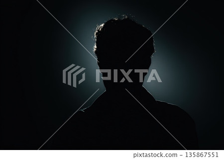 Silhouette Portrait in Backlit Darkness From Behind with Subtle Halo Glow Silhouette Portrait in Backlit Darkness From Behind with Subtle Halo Glow 135867551