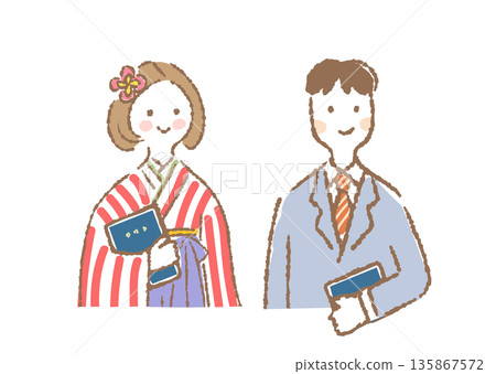 圖中描繪了一位身穿袴服的女子和一位身穿西裝、手持文憑的男子的上半身。 135867572