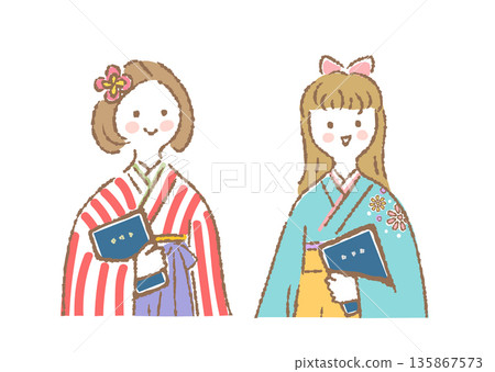 兩位身穿袴、手持文憑的女性的上半身插圖 135867573