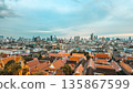Panorama of Bangkok skyline from Wat Saket temple rooftop, Cityscape view with Thai temple roofs and urban horizon 135867599