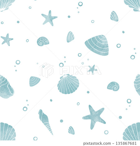Seamless summer pattern. Hand drawn blue seashells pattern 135867681