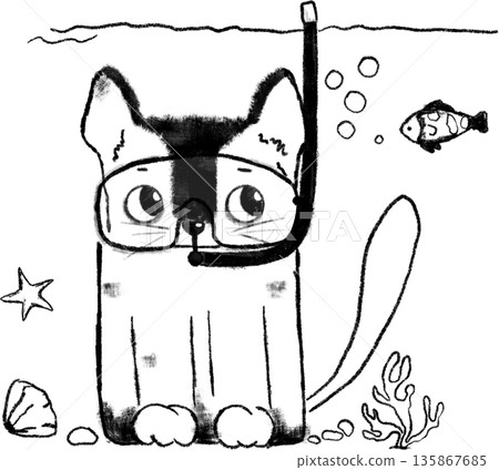 Doodle funny cat illustration. Cat sitting underwater with diving mask Doodle funny cat illustration. Cat sitting underwater with diving mask 135867685