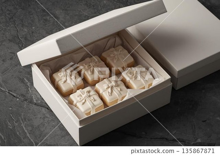 精美禮盒裝糖霜餅乾 | 百貨公司和電商平台適用的甜點圖片 - 象牙色 135867871