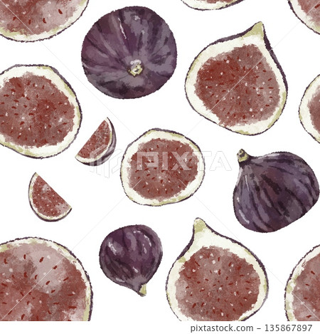 Seamless figs pattern on white background. Summer fruits hand drawn illustration. Design for wallpaper, fabric, decor, textile 135867897