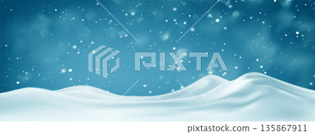 Snowy scene with ground, snowdrift, and mountain landscape covered by white snow and ice. A realistic vector illustration background for postcards, xmas decorations, or winter holiday designs Snowy scene with ground, snowdrift, and mountain landscape covered by white snow and ice. A realistic vector illustration background for postcards, xmas decorations, or winter holiday designs 135867911