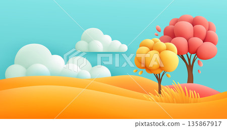 Vector Illustration Background Featuring Colorful Tree Silhouettes and Soft Cloudy Sky In A Minimalistic Soft Palette Art Style With Abstract Shapes and Warm Pastel Colors Vector Illustration Background Featuring Colorful Tree Silhouettes and Soft Cloudy Sky In A Minimalistic Soft Palette Art Style With Abstract Shapes and Warm Pastel Colors 135867917