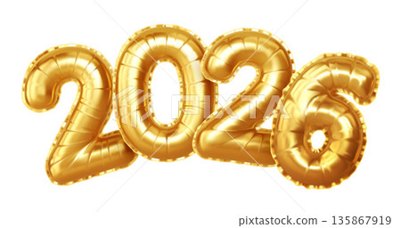 Vector Illustration Background Featuring Golden Balloons Forming the Year 2026 with a Festive and Elegant Design Vector Illustration Background Featuring Golden Balloons Forming the Year 2026 with a Festive and Elegant Design 135867919