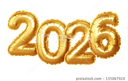 Golden Balloon Style Numbers Representing the Year 2026, Perfect for New Year Celebrations and Festive Decorations, Ideal for Party Invitations, Printed Designs, and Holiday-Themed Artwork Golden Balloon Style Numbers Representing the Year 2026, Perfect for New Year Celebrations and Festive Decorations, Ideal for Party Invitations, Printed Designs, and Holiday-Themed Artwork 135867928