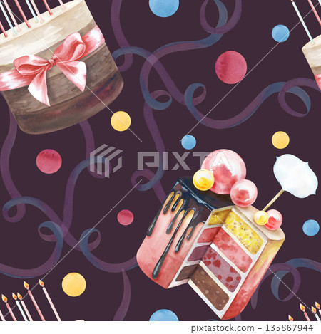 Seamless festive hand-drawn pattern. Watercolor illustration with cakes, candles, ribbons, confetti on a dark background. Realistic background for packaging, wallpaper, wrapping paper. Seamless festive hand-drawn pattern. Watercolor illustration with cakes, candles, ribbons, confetti on a dark background. Realistic background for packaging, wallpaper, wrapping paper. 135867944