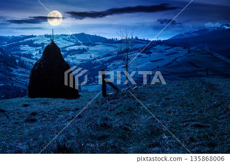 rural landscape in mountains under night sky. agriculture nature in early spring in full moon light. cone haystack on hill. scenic countryside. inner strength to overcome fear, loneliness in darkness 135868006