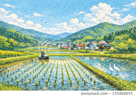 Japanese Satoyama Landscape Rice Field Rice Planting Spring Collage Style 135868055