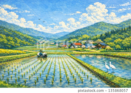 Japanese Satoyama Landscape Rice Field Rice Planting Spring Oil Painting 135868057