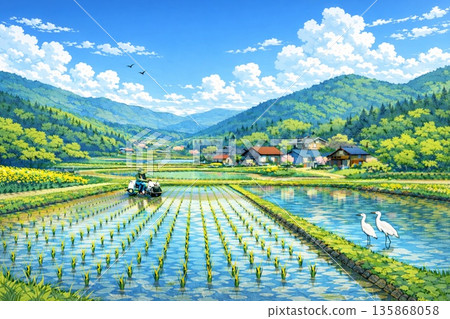 日本里山風景稻田插秧春季動畫風格 135868058