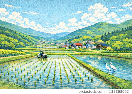 Japanese Satoyama Landscape Rice Field Rice Planting Spring Sand Art Style 135868062